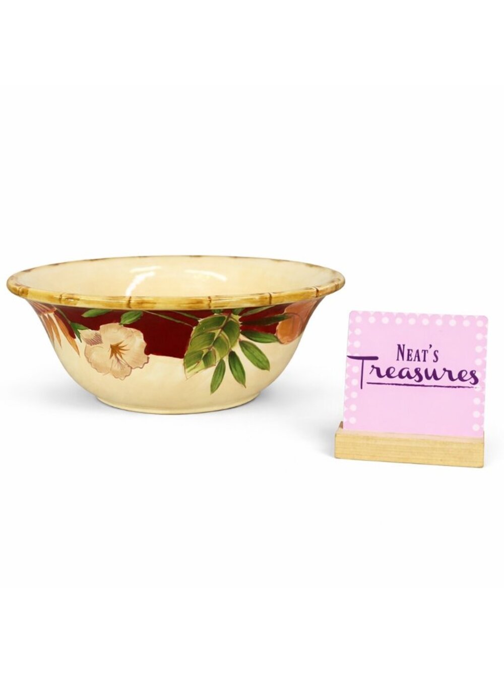 Home Trends HIBISCUS Bamboo Edge Ferns Floral Red Border 9" Mixing Serving Bowl